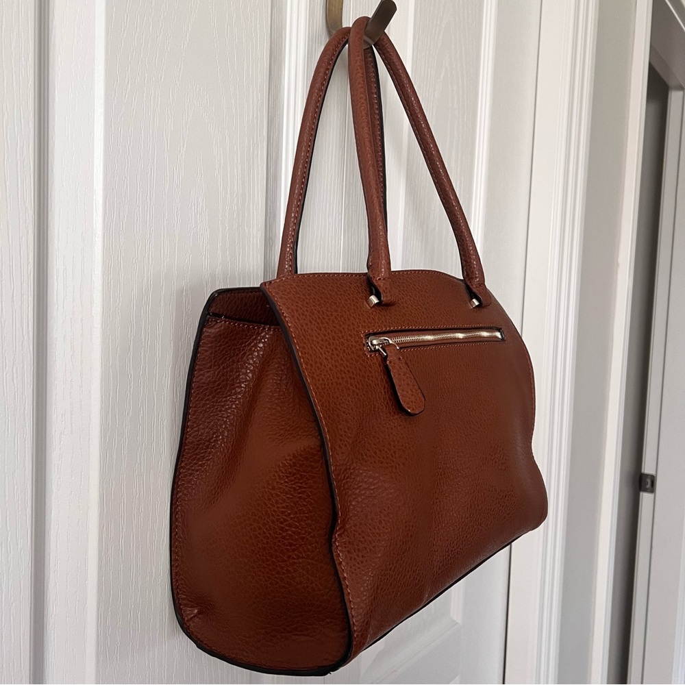 Guess Faux Leather Tan Rich Cognac Brown Structured Satchel Tote Bag - Picture 5 of 16